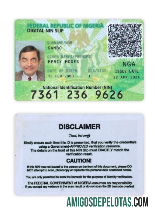 Modelo de cartão digital NIN da Nigéria